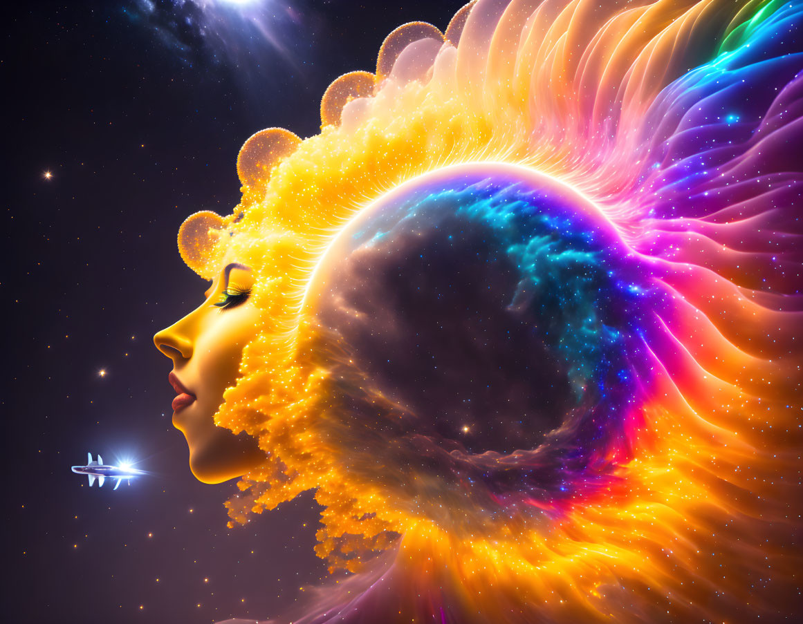 Digital artwork: Woman's profile with flowing hair in cosmic scene