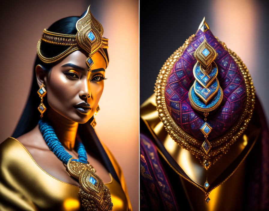 Woman with Striking Makeup and Golden Jewelry in Artistic Pose