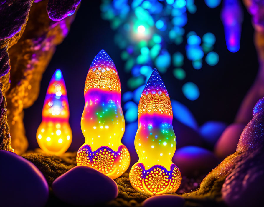 Vibrant glass Christmas lights on bokeh background