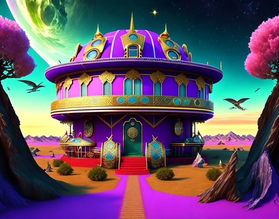 Fantasy palace with purple and gold domes under starry sky and pink trees in serene desert landscape