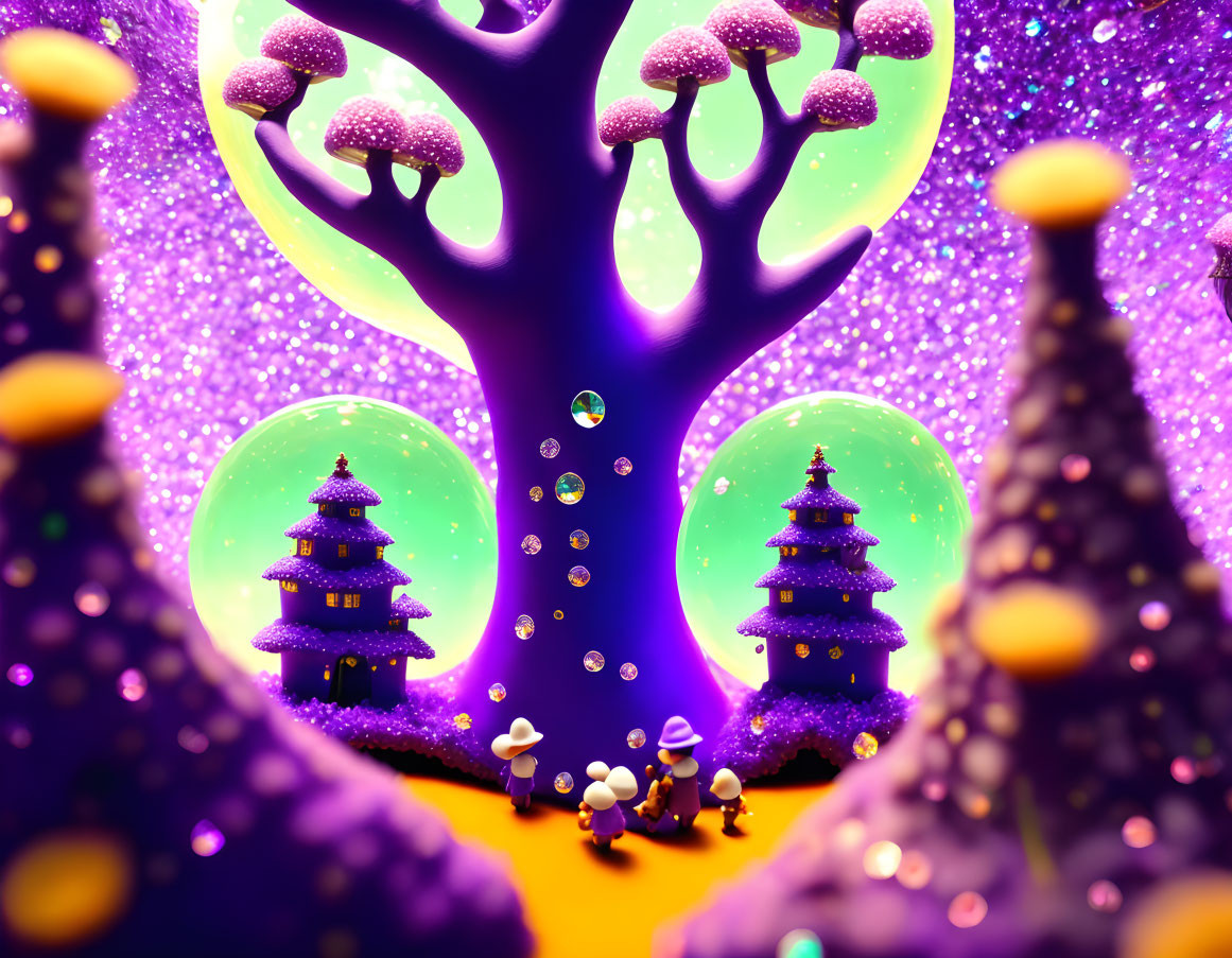 Vibrant purple landscape with sparkling tree and whimsical structures