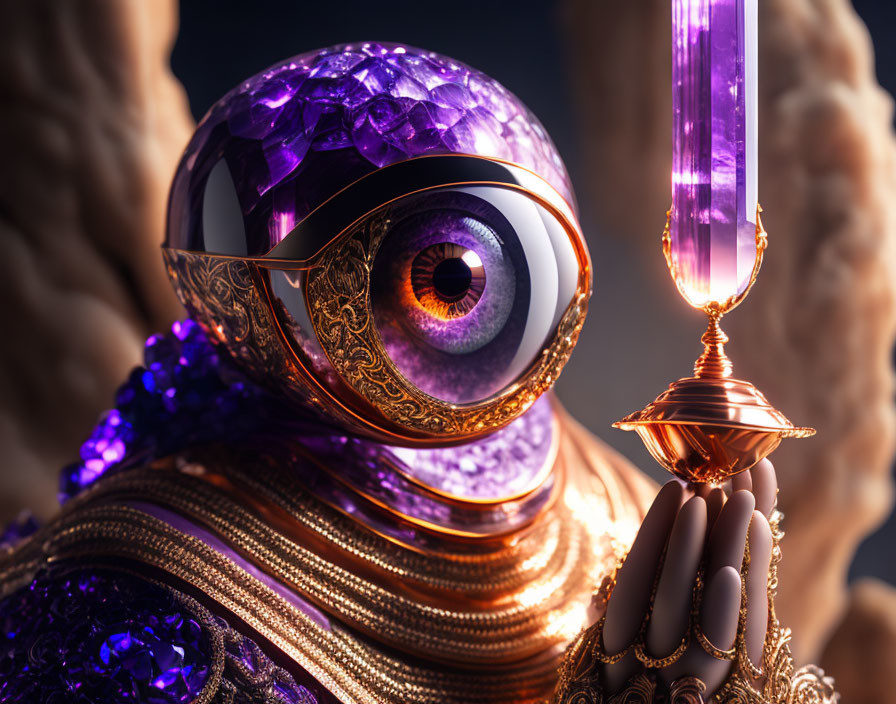 Surreal image: Large eye with metallic details, holding sword and chalice on purple backdrop