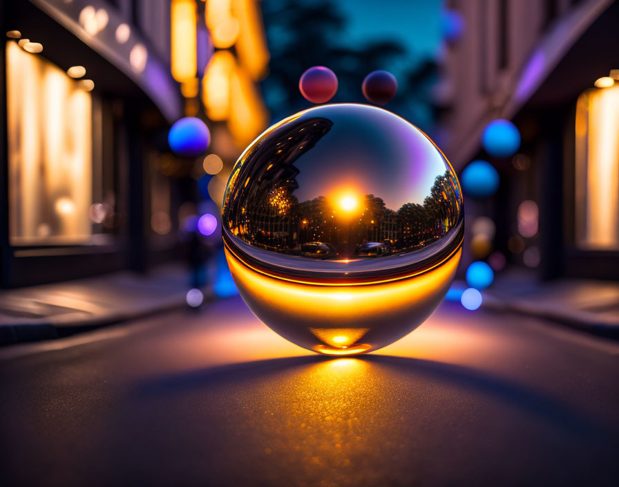 Crystal ball captures city street ambiance at dusk