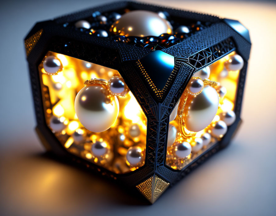 Detailed 3D illustration of glowing dodecahedron with orbs and golden spheres