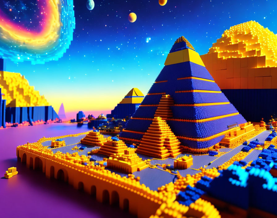 Colorful Digital Art: Ancient Egyptian Scene with LEGO Pyramids & Cosmic Sky