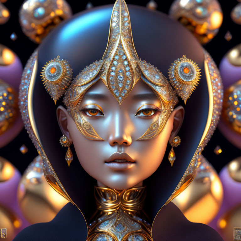 Detailed 3D illustration: Woman with golden headgear and jewelry, surrounded by reflective spheres in dark