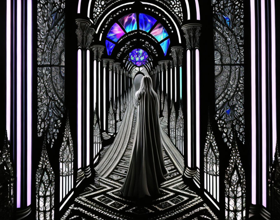 Mysterious Figure in Cloak in Gothic Corridor