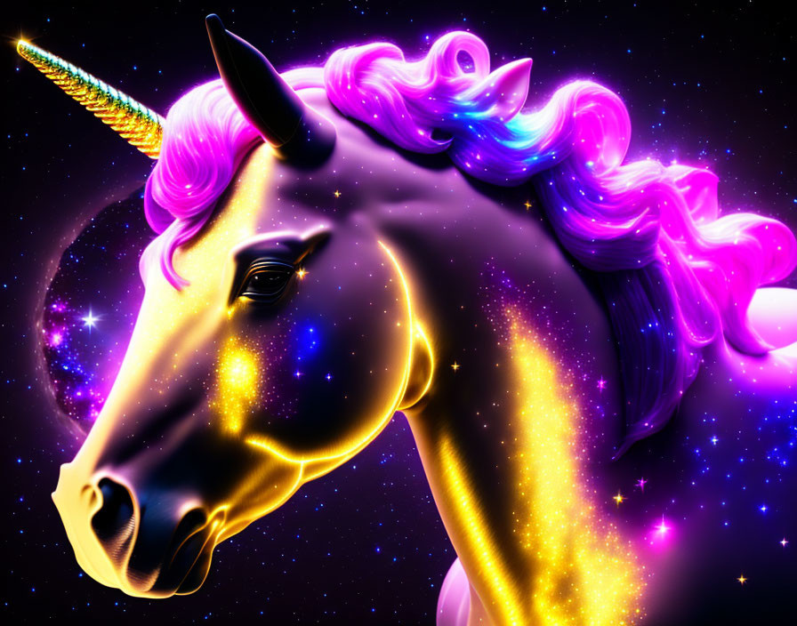 Mythical golden unicorn with vibrant swirls on cosmic backdrop