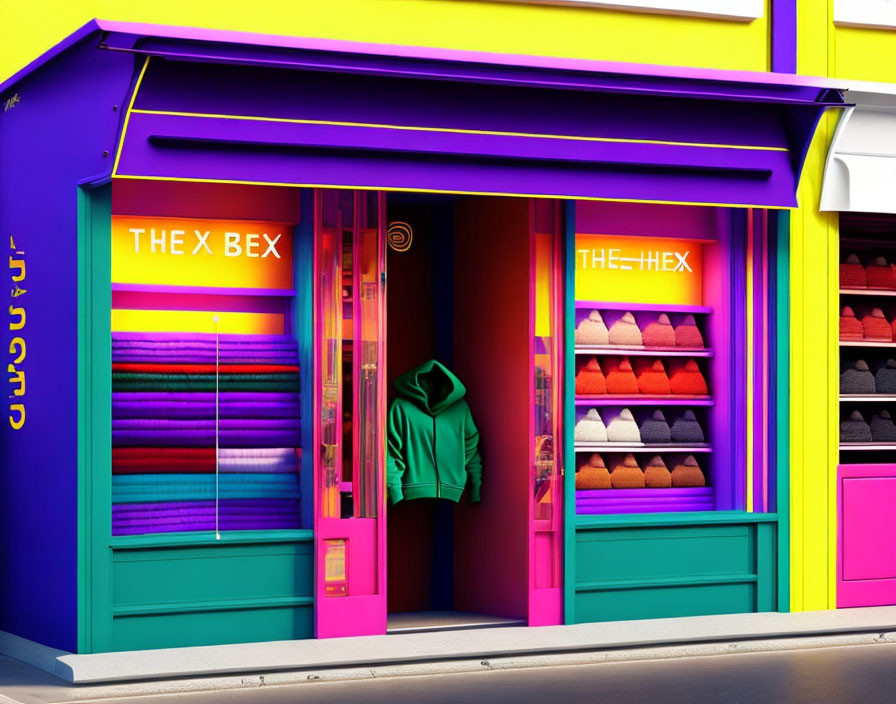 Vibrant Clothing Storefront with Neon Signs and Mannequin in Green Hoodie