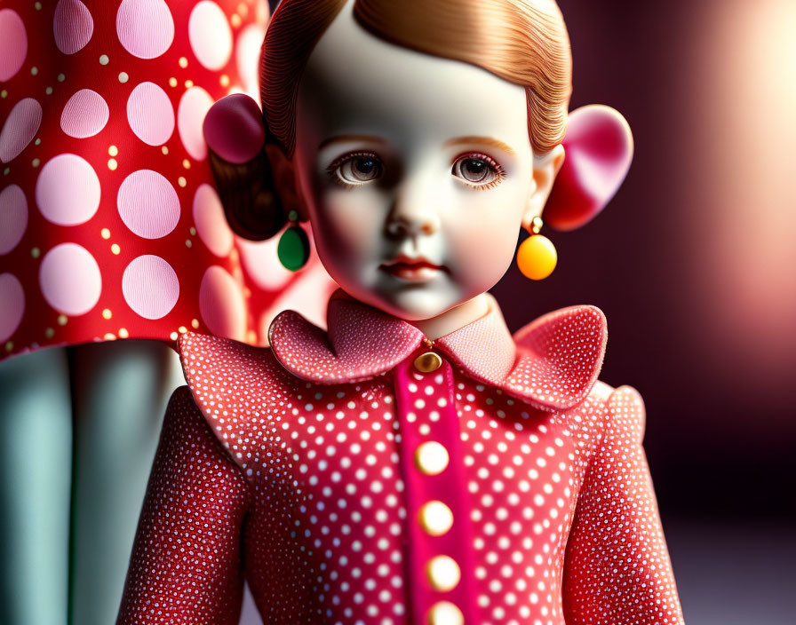 Porcelain doll with red polka dot attire and pigtails beside a large red mushroom