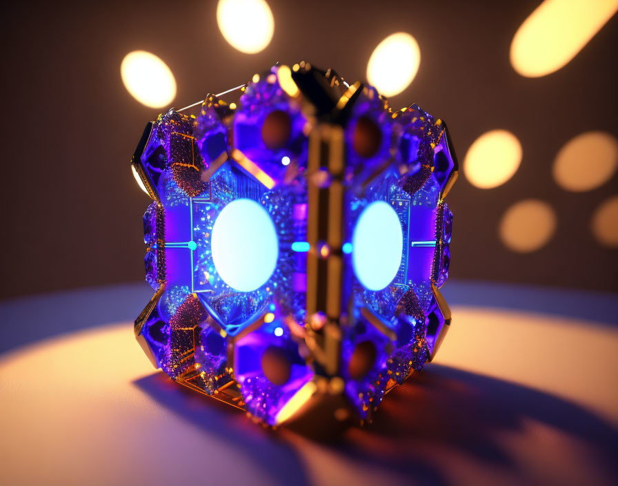 Futuristic glowing polygonal object on round surface with neon lights