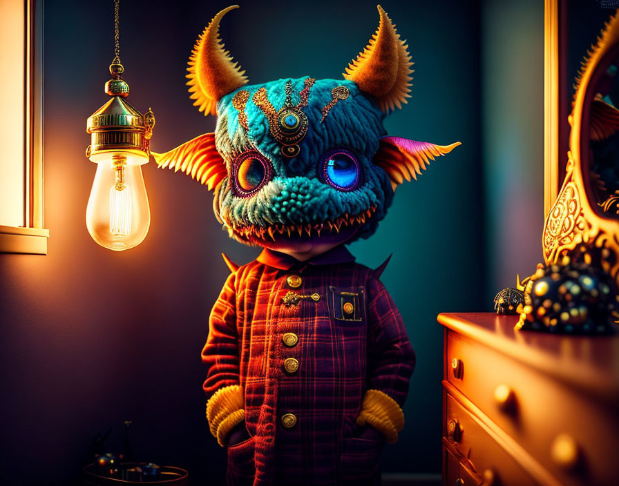 Blue-furred creature with horns and big eyes in plaid jacket near dresser under light