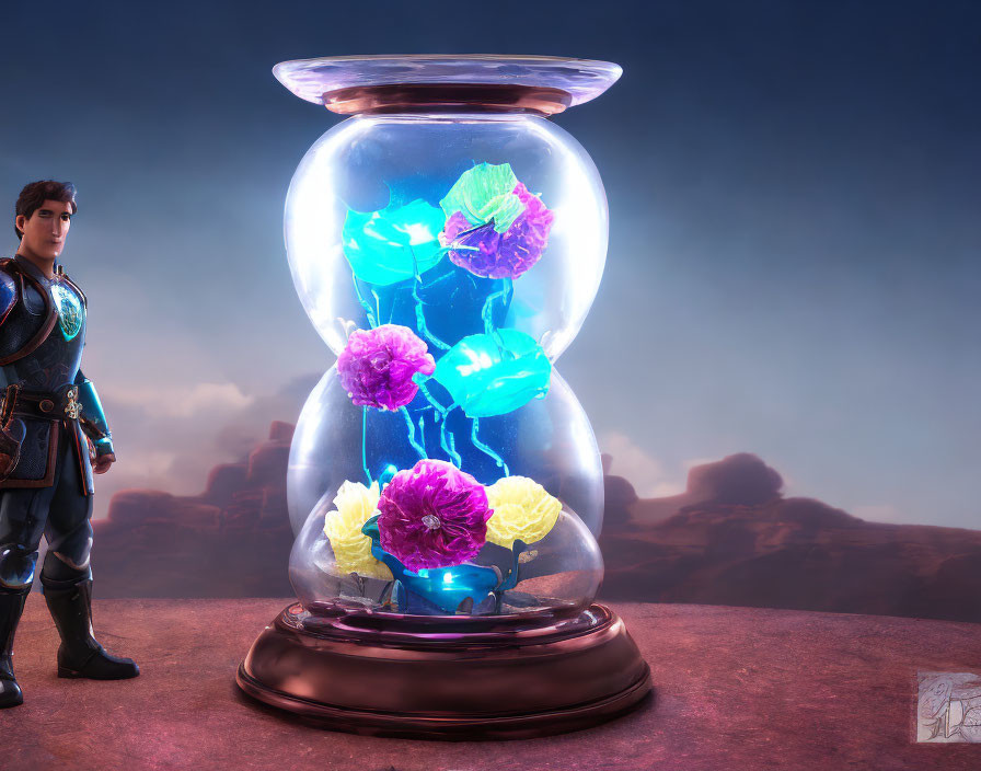 Knight beside glowing flower hourglass in dusky landscape