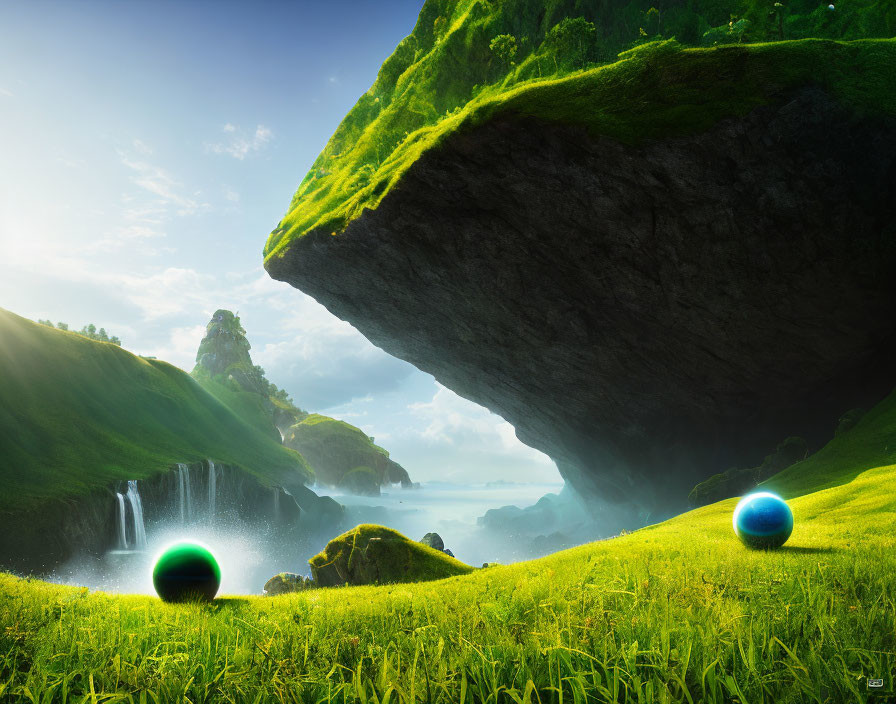 Scenic landscape with overhanging cliff, waterfalls, clear sky, and glowing orbs