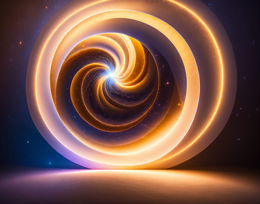 Digital Artwork: Glowing Spiral Vortex with Golden Rings in Starry Space