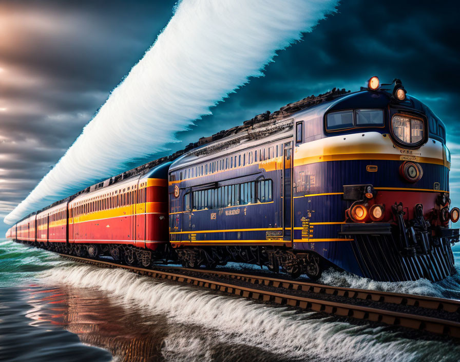 Vintage Train Speeding Along Coastal Tracks Under Dramatic Sky