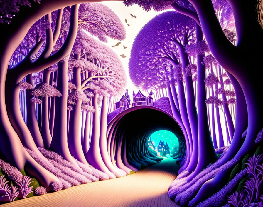 Vibrant fantasy landscape with tunnel of trees leading to glowing blue city