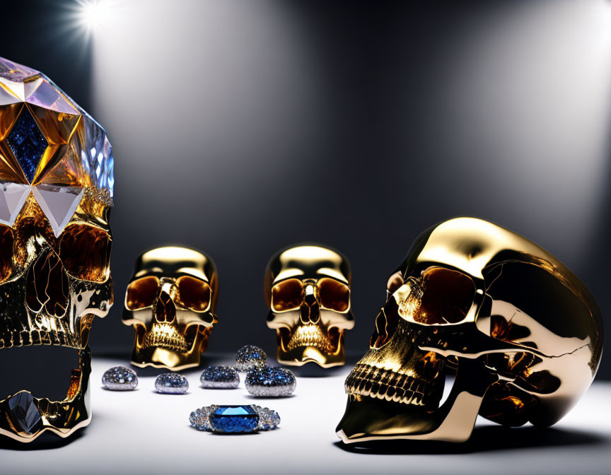 Ornate Skull Collection with Diamond Structure on Reflective Surface