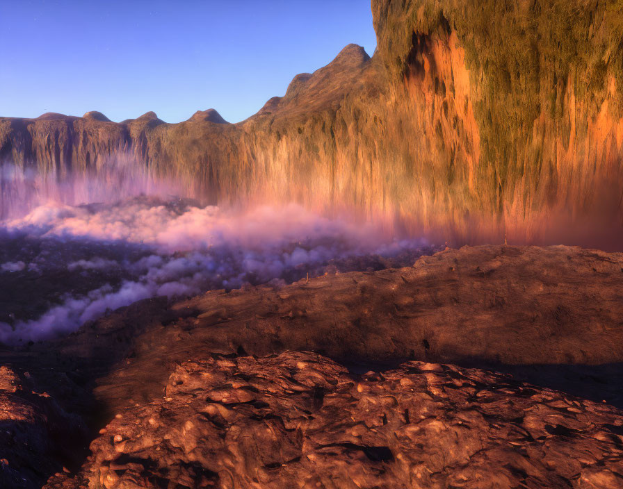 Steaming Hot Springs Cascading Down Terraced Cliffs at Sunrise