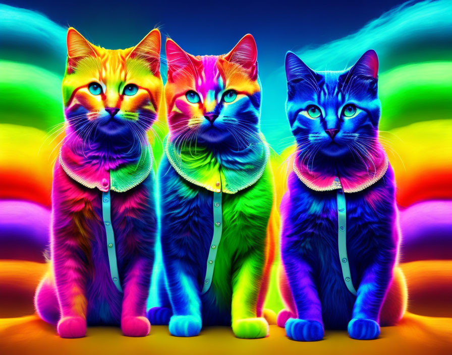 Vibrantly colored neon cats on psychedelic rainbow background