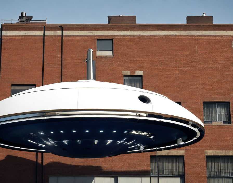 Unique UFO-like structure on brick building with circular lights.