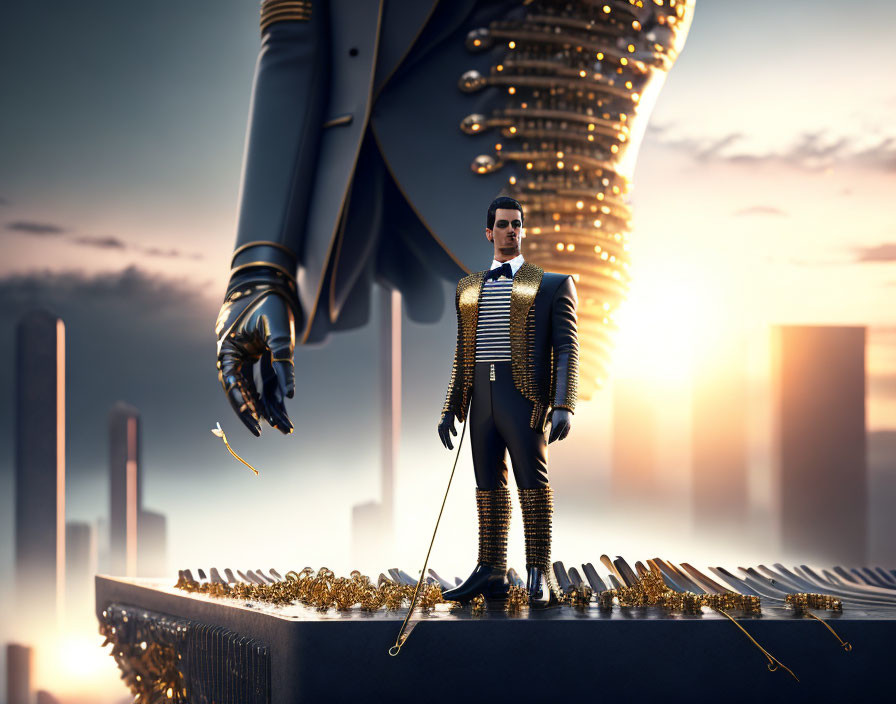 Man in gold and black outfit on platform with cityscape and golden hand