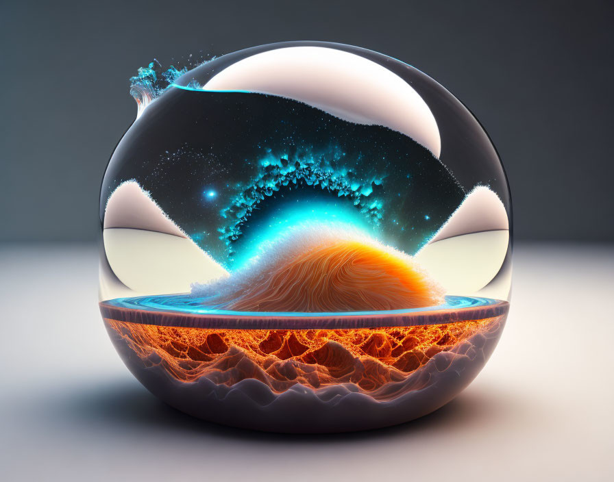 Transparent sphere digital artwork: waves, dunes, starry sky, neon accents