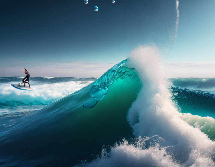 Ocean wave surfing under clear skies with water droplets in the air