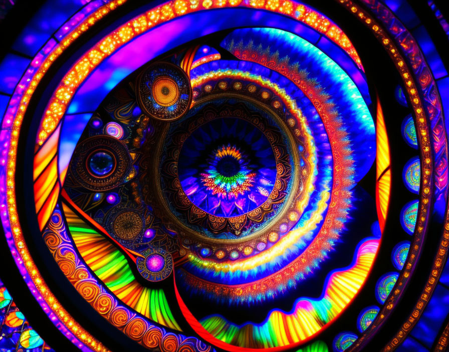 Colorful Digital Fractal Image with Spiraling Patterns in Blues and Oranges