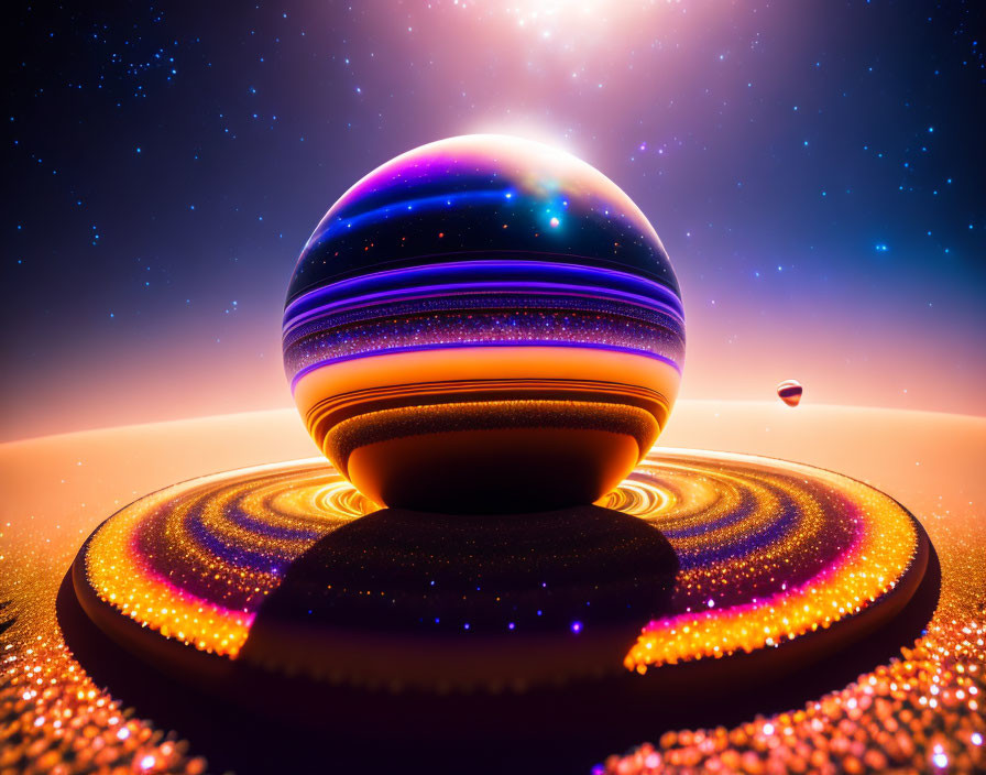 Colorful digital artwork featuring glowing striped sphere on concentric circle platform under starry sky