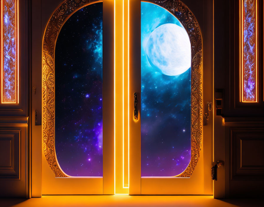 Ornate door reveals surreal starry night with glowing full moon