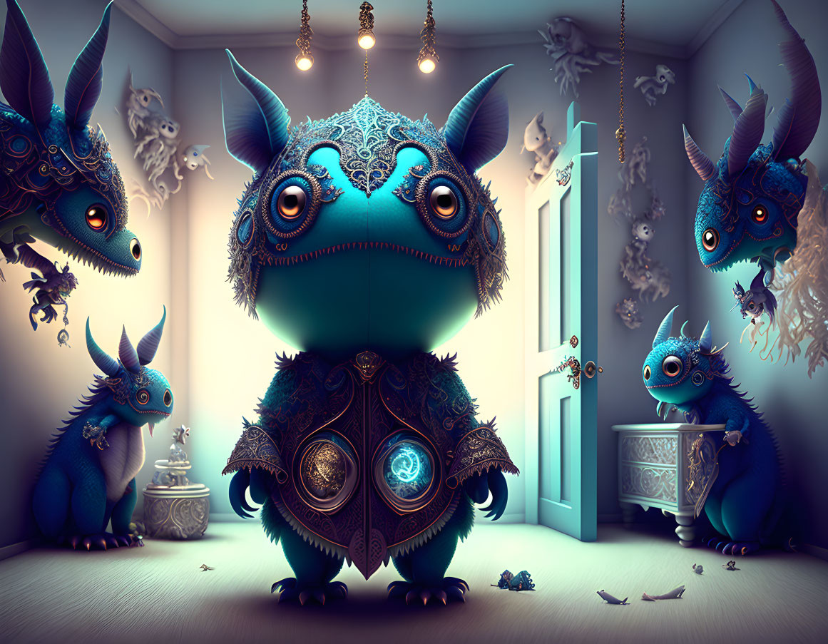 Blue dragon creatures in whimsical room with ornate armor - fantasy scene