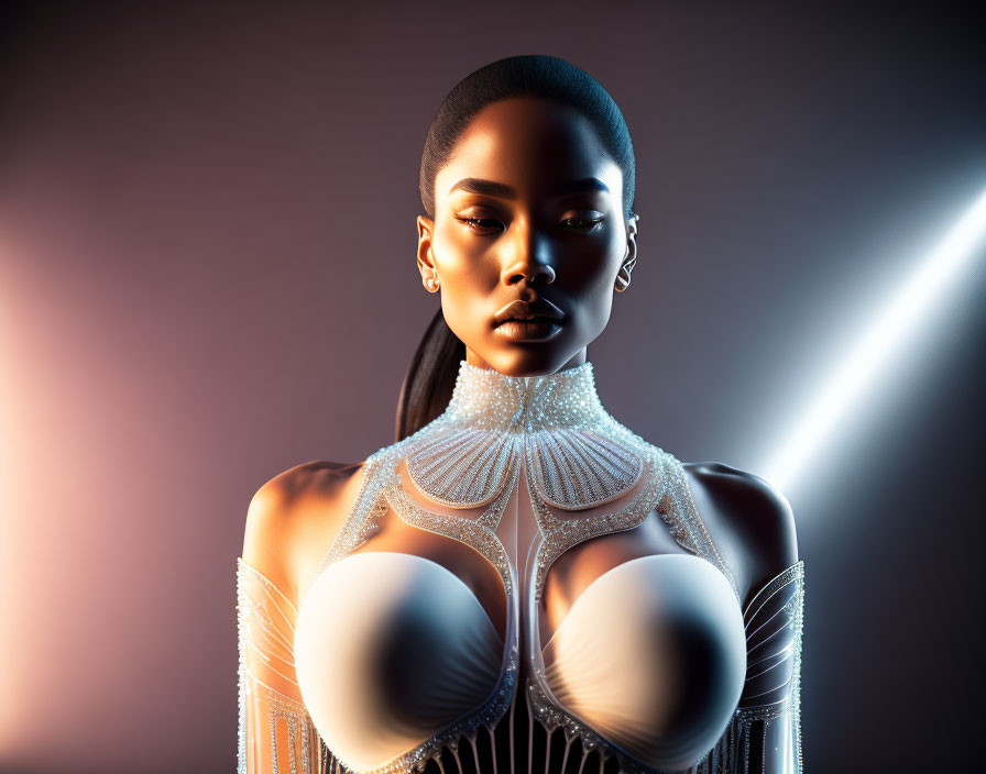 Digital artwork of woman in futuristic beaded bodice under dramatic lighting