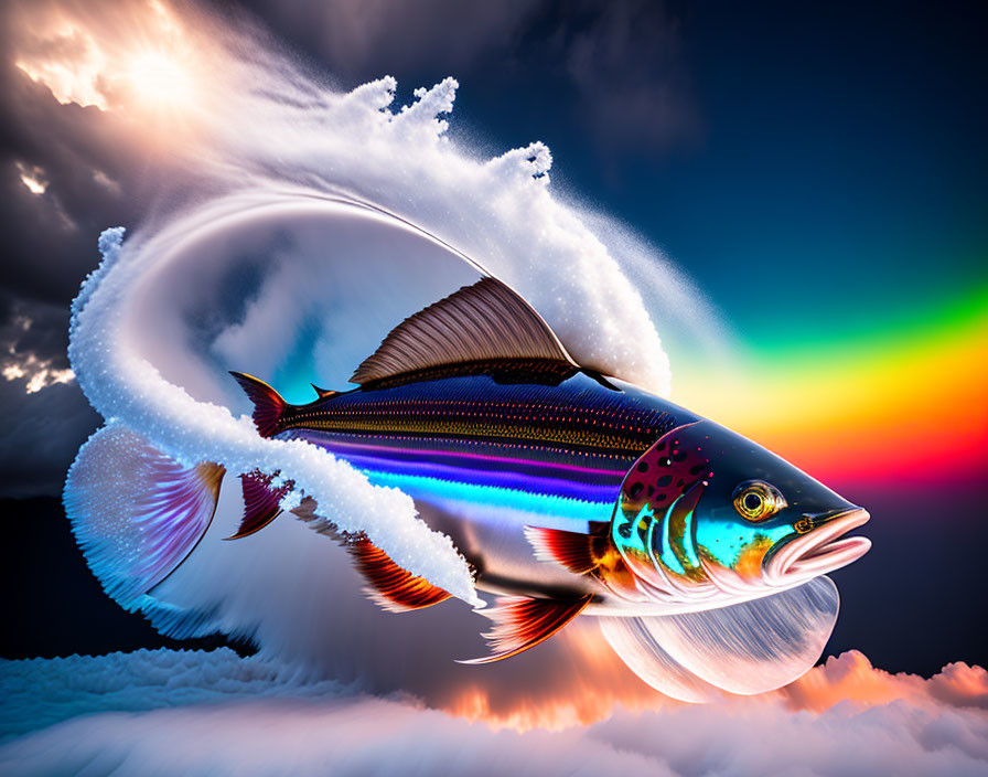 Colorful Digital Artwork: Exaggerated Fish in Fantasy Sky