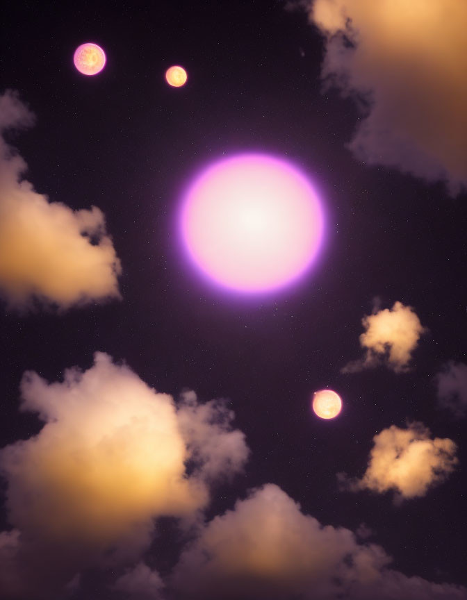 Nighttime sky with glowing purple and golden orbs in dreamy nightscape