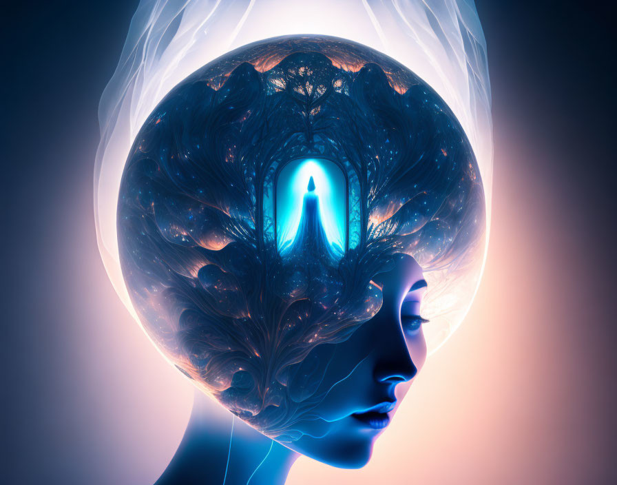 Digital illustration of woman's profile with transparent head displaying intricate brain structure