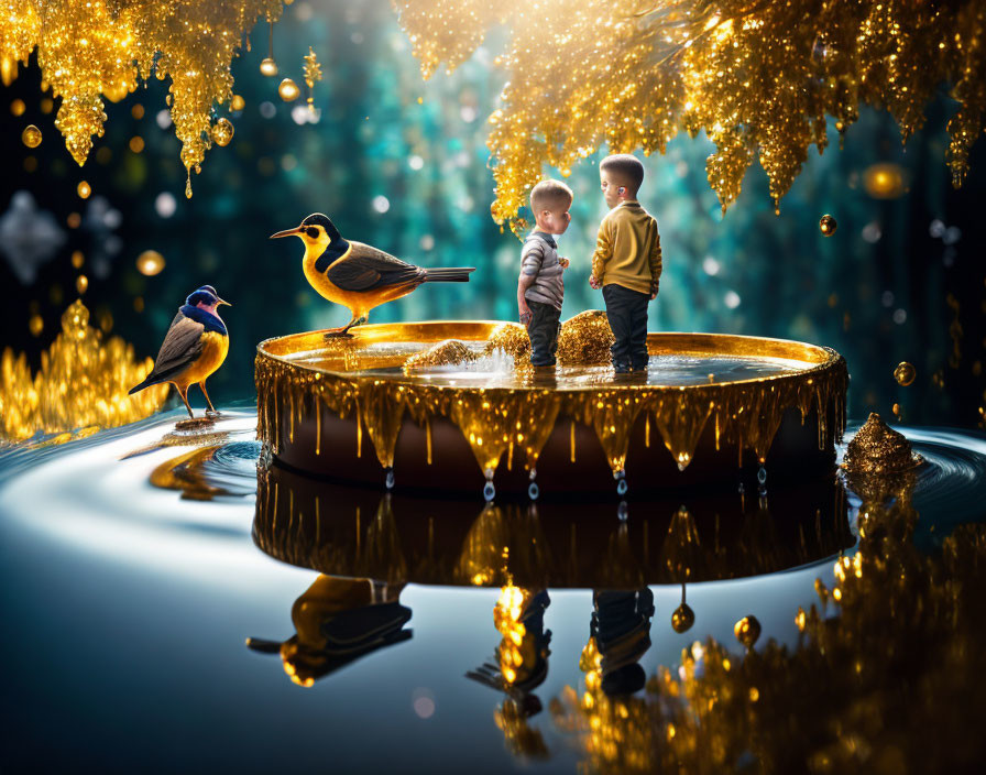 Children and bird on magical platform above water with illuminated trees.