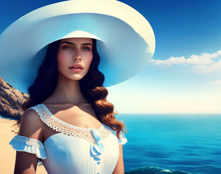 Woman in white dress and hat by serene ocean under blue sky