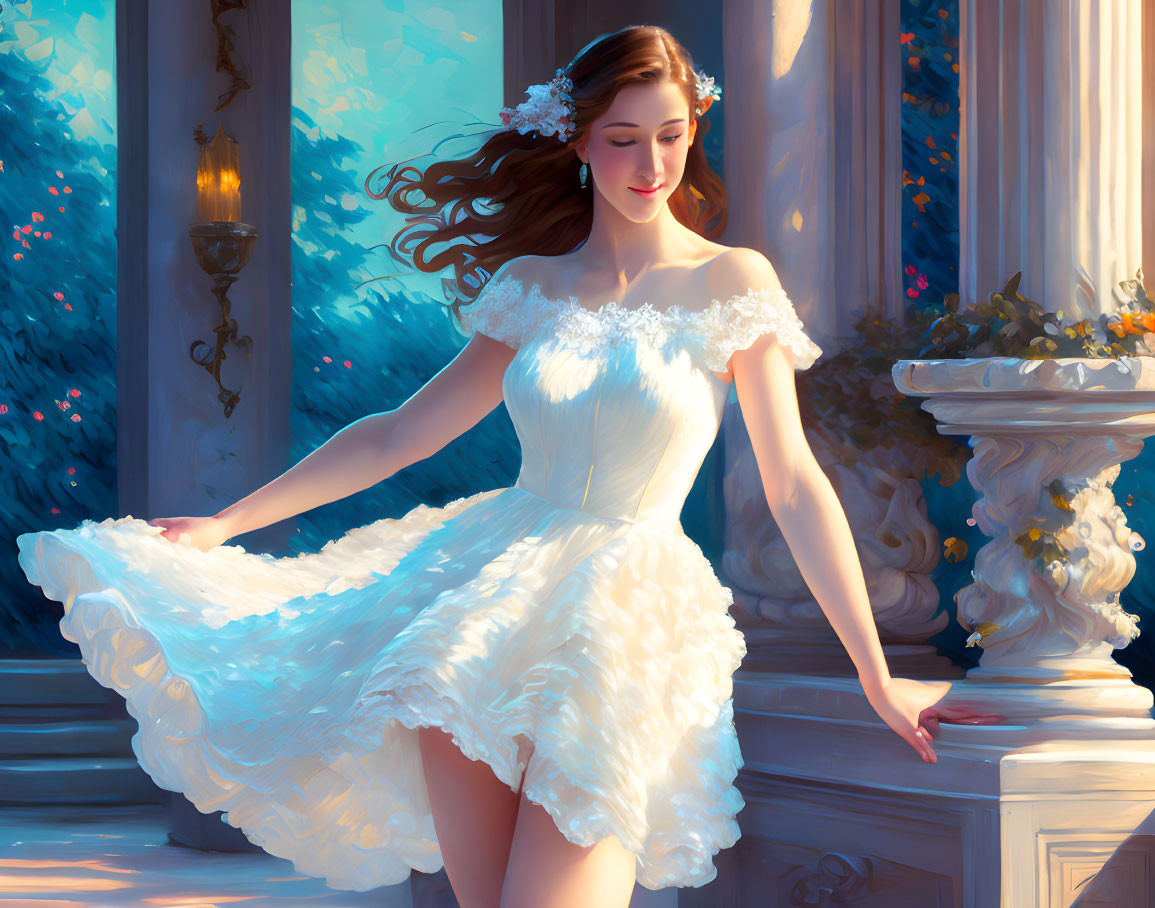 Woman twirls in white dress on floral balcony in sunlight