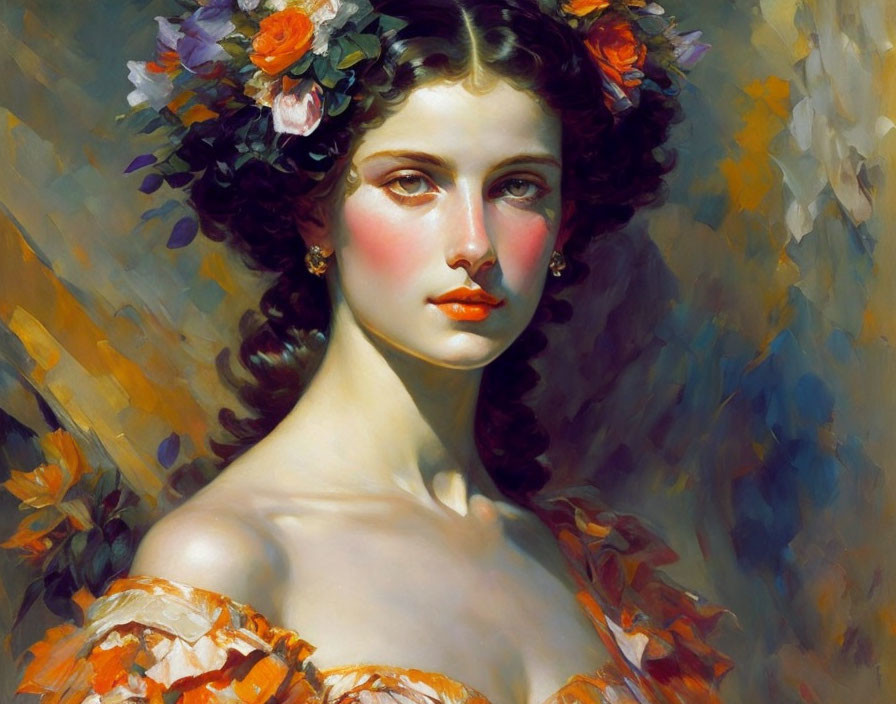 Young woman with floral wreath in warm tones