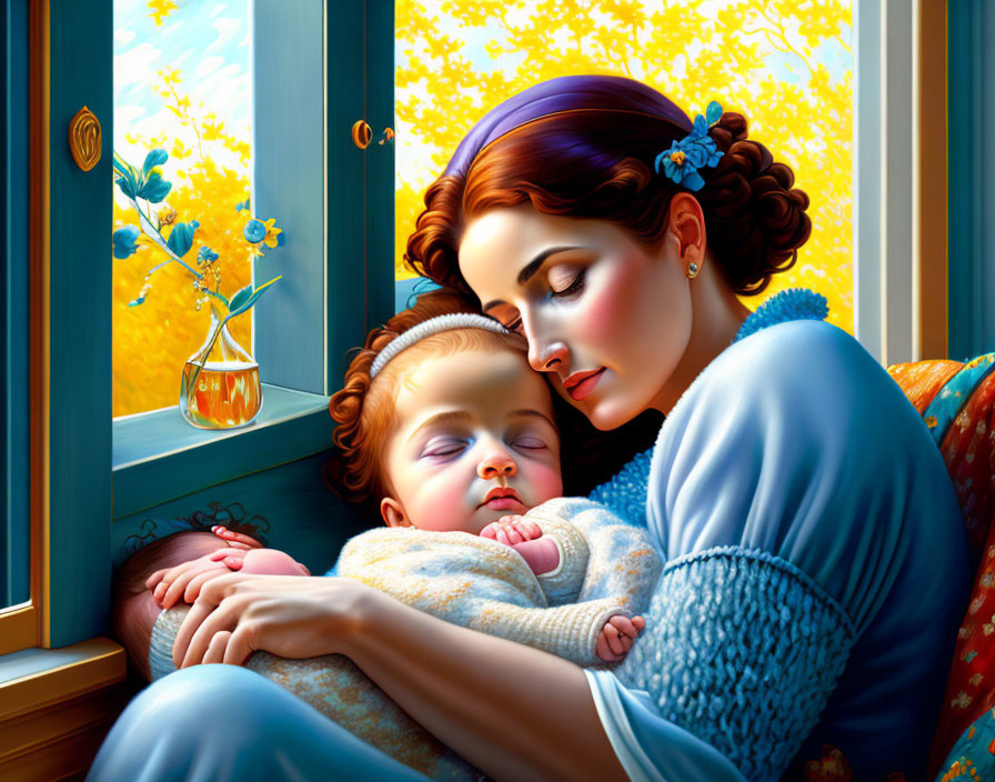 Red-Haired Woman Holding Sleeping Baby by Window with Yellow Flowers