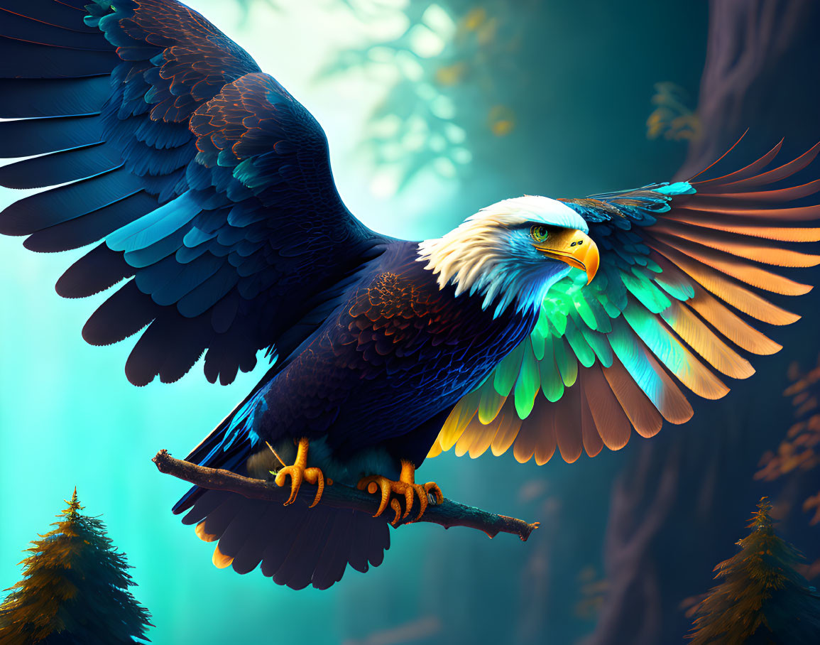 Majestic eagle perched on branch in mystical forest with vibrant colors.