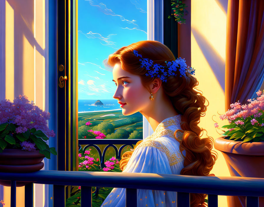 Woman with Flower-Adorned Hair on Balcony Overlooking Coastal Sunset