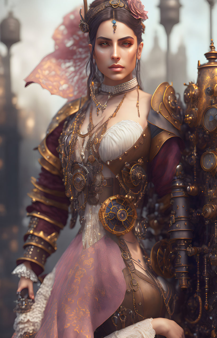 Steampunk-themed woman in ornate armor with cogwheel details and jeweled headpiece.