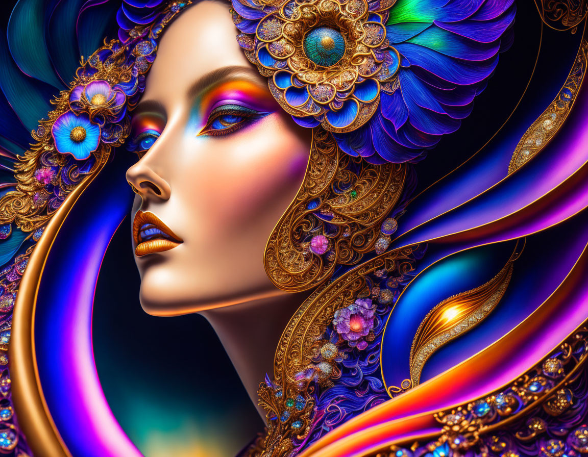 Colorful digital artwork of woman with ornate jewel-toned headdress.