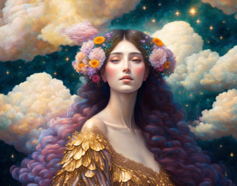 Surreal portrait of woman with flowers in hair under starry sky