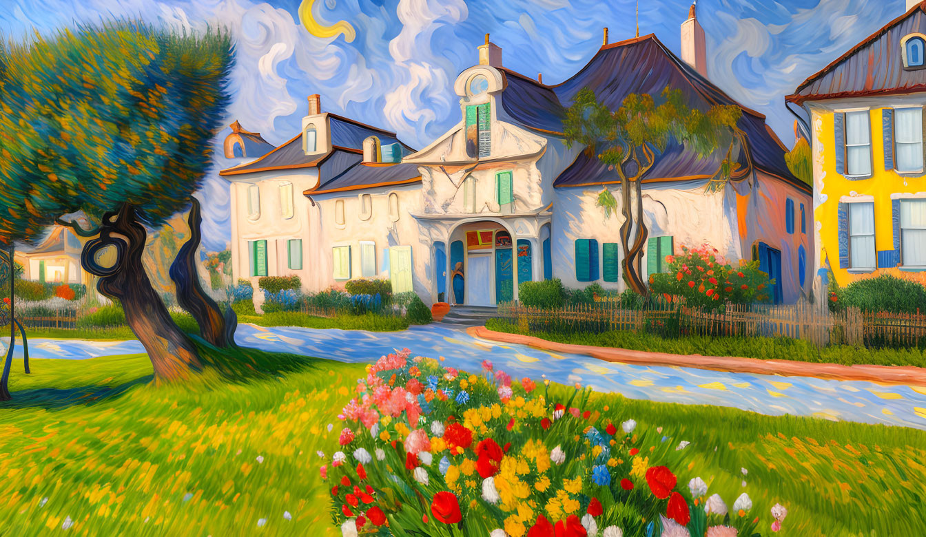 Vibrant post-impressionist painting of houses, sky, path, trees, and flower garden