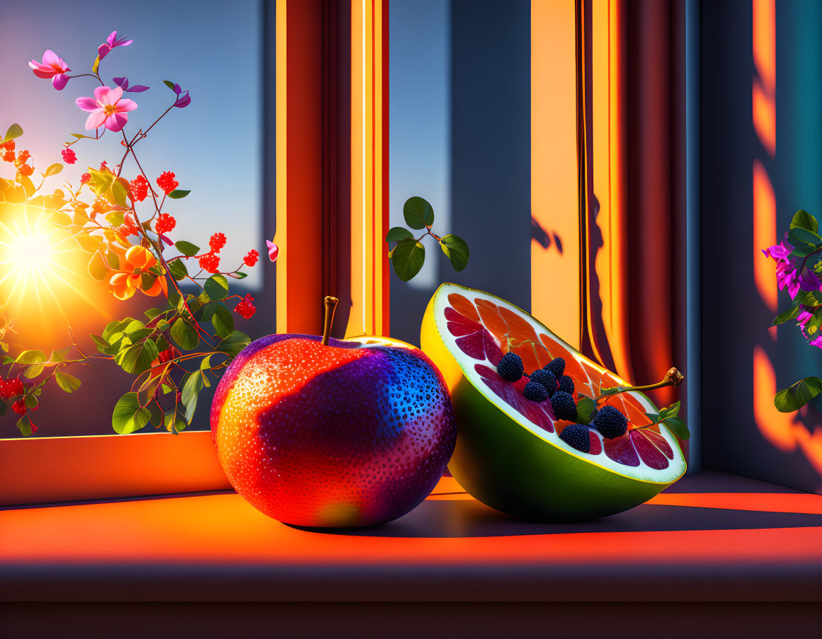 Surreal fruit illustration: strawberry-textured apple, lime with blackberries, sunset windowsill