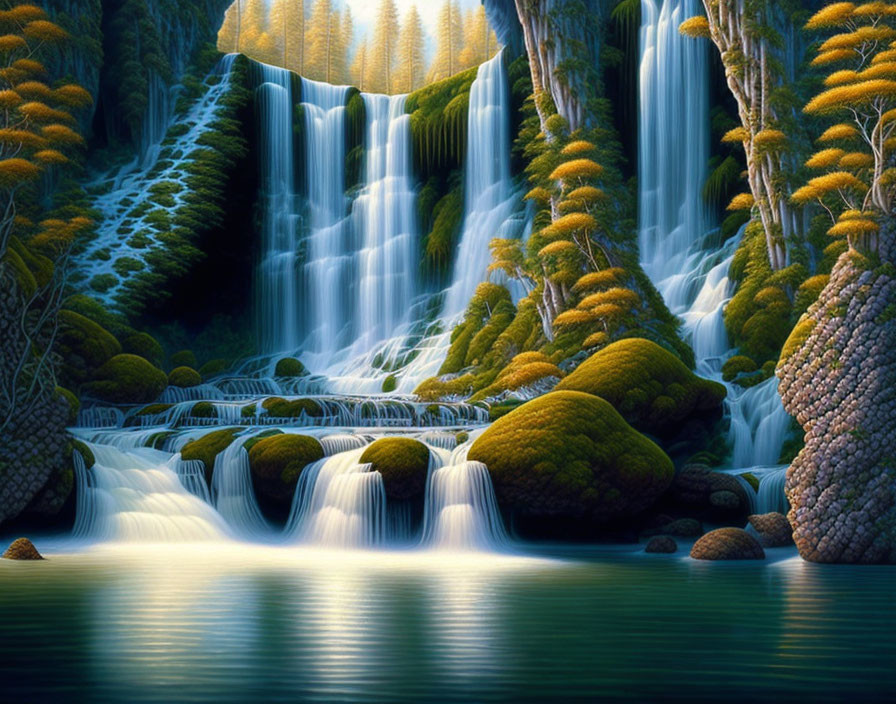 Tranquil waterfall scene with moss-covered rocks and lush vegetation