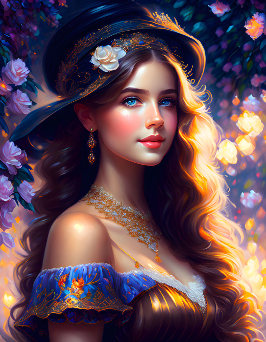 Portrait of woman with golden hair and blue eyes in vintage hat with flower against floral backdrop